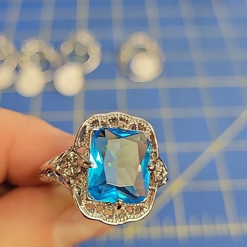 Aquamarine Faux Stone Silver Tone Ring